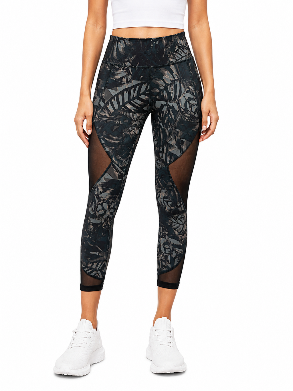 Vogo Dark Tropical Print With Mesh Inserts Leggings