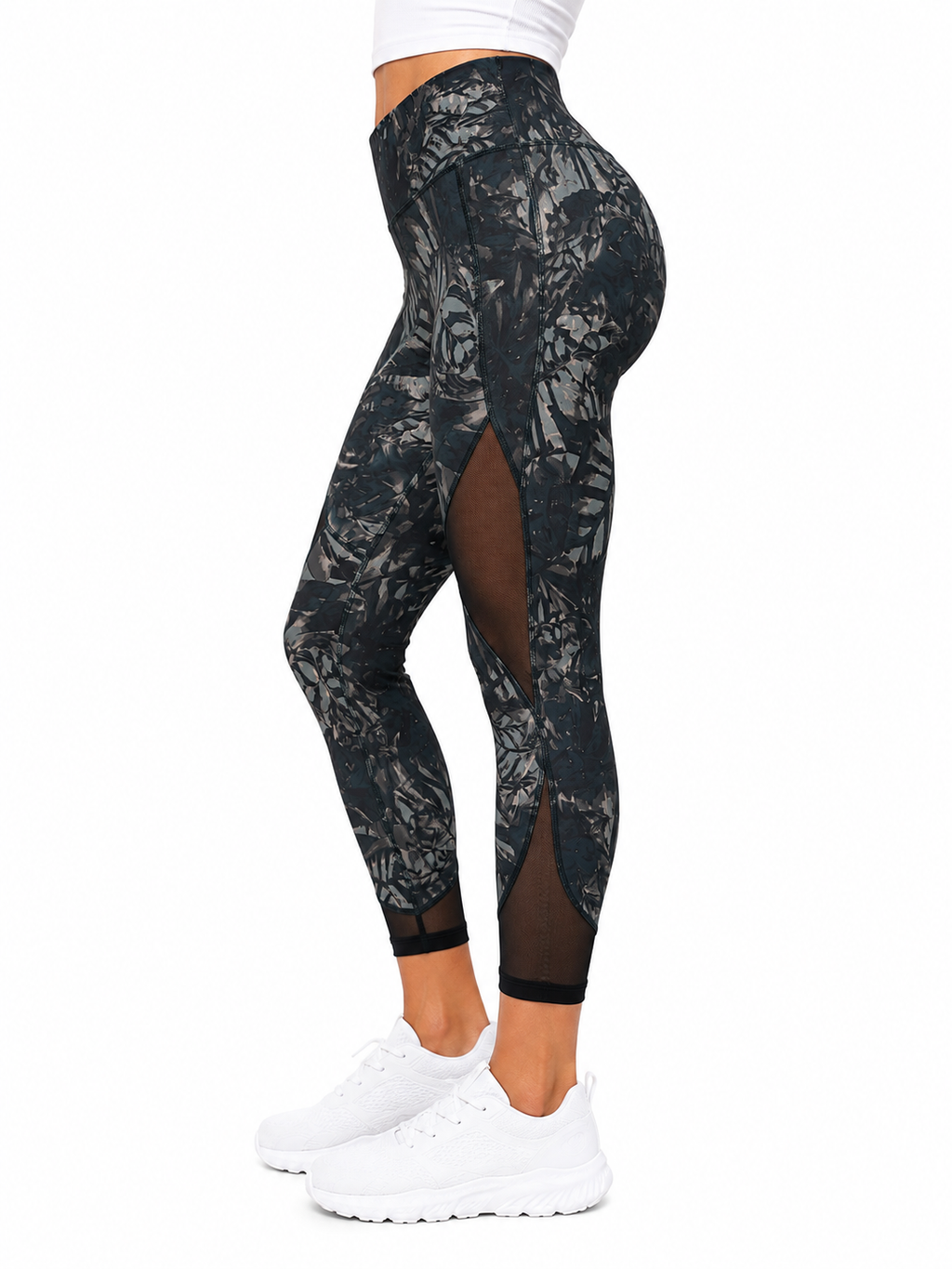 Vogo Dark Tropical Print With Mesh Inserts Leggings