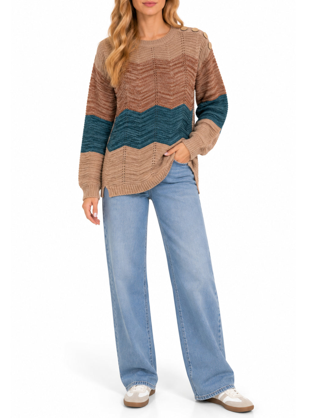 Inner Circle Long Sleeve Chevron Sweater with Shoulder Buttons
