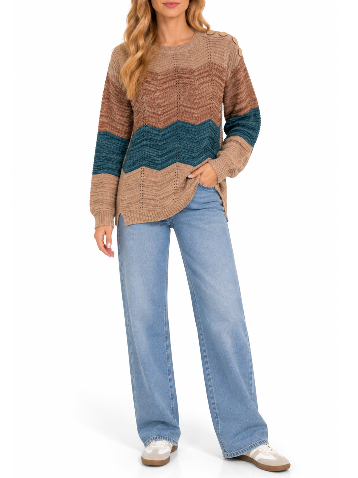 Inner Circle Long Sleeve Chevron Sweater with Shoulder Buttons