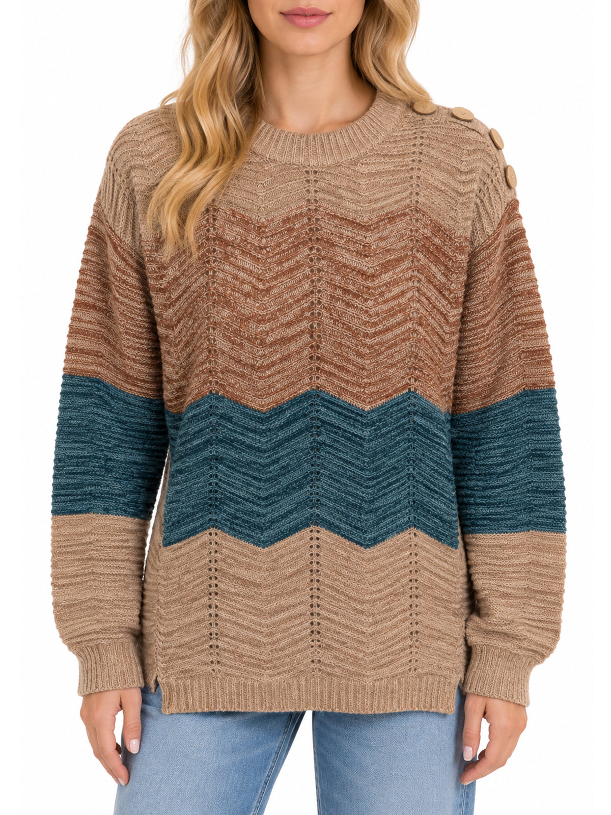 Inner Circle Long Sleeve Chevron Sweater with Shoulder Buttons