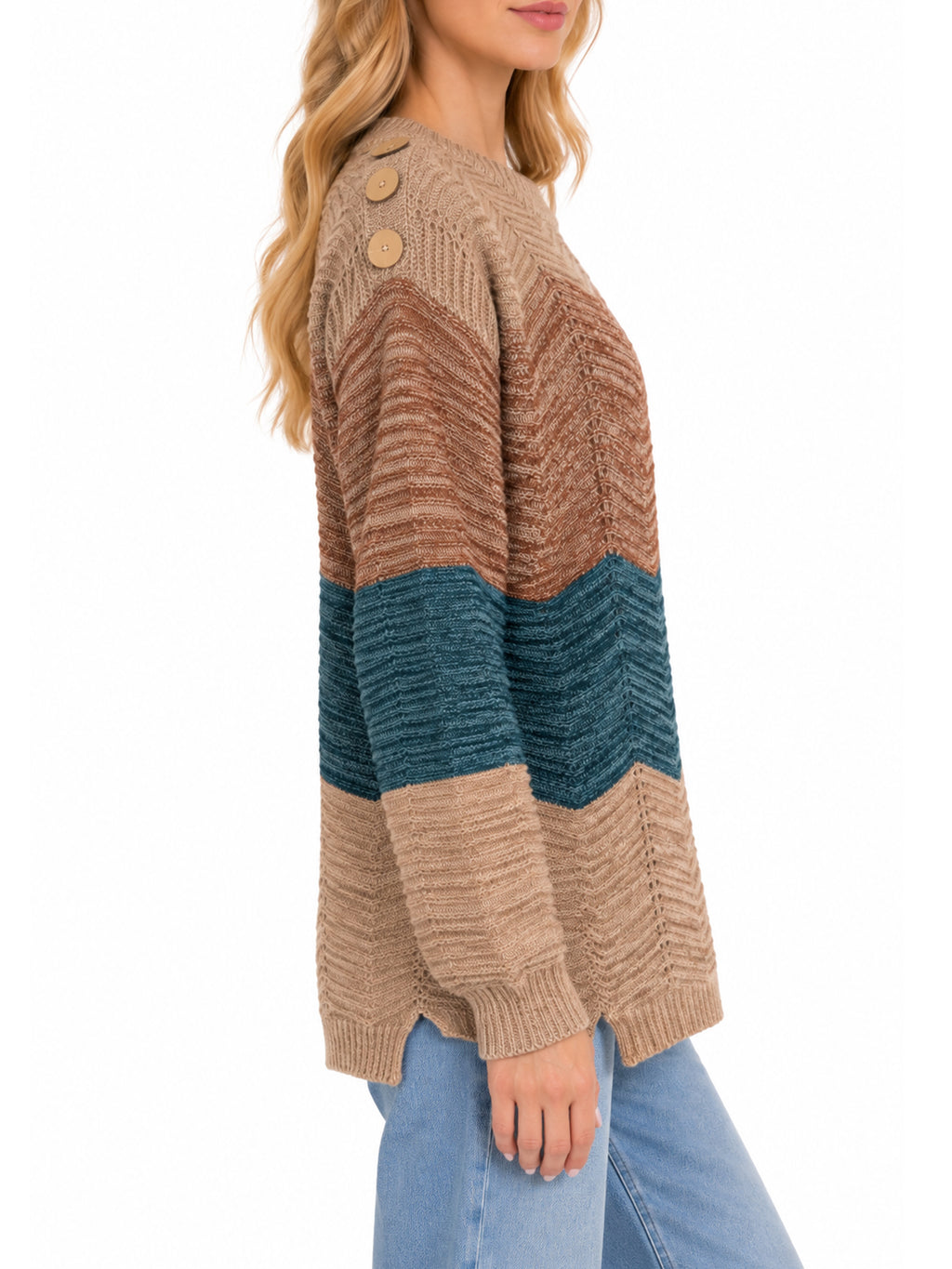 Inner Circle Long Sleeve Chevron Sweater with Shoulder Buttons