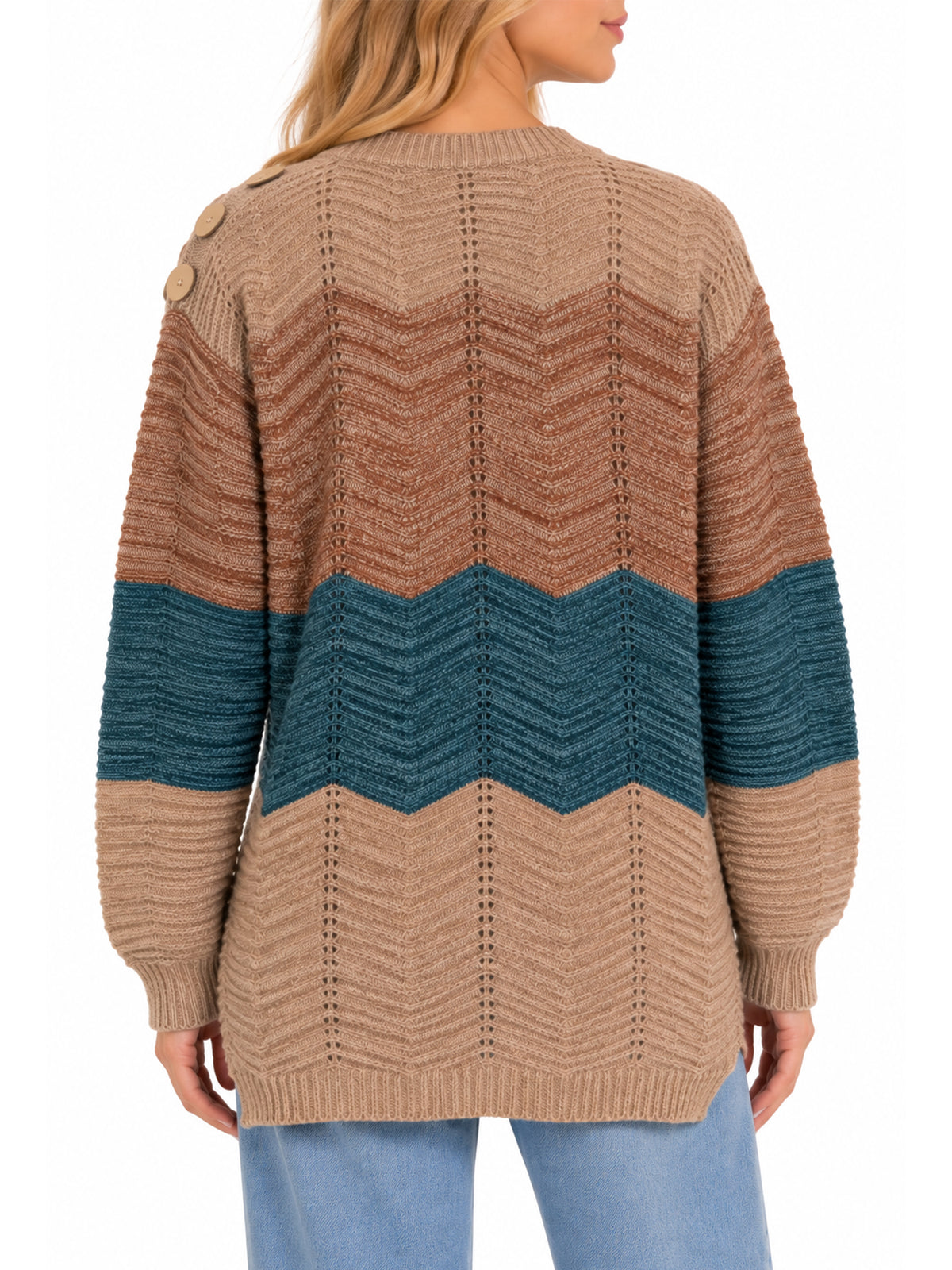 Inner Circle Long Sleeve Chevron Sweater with Shoulder Buttons