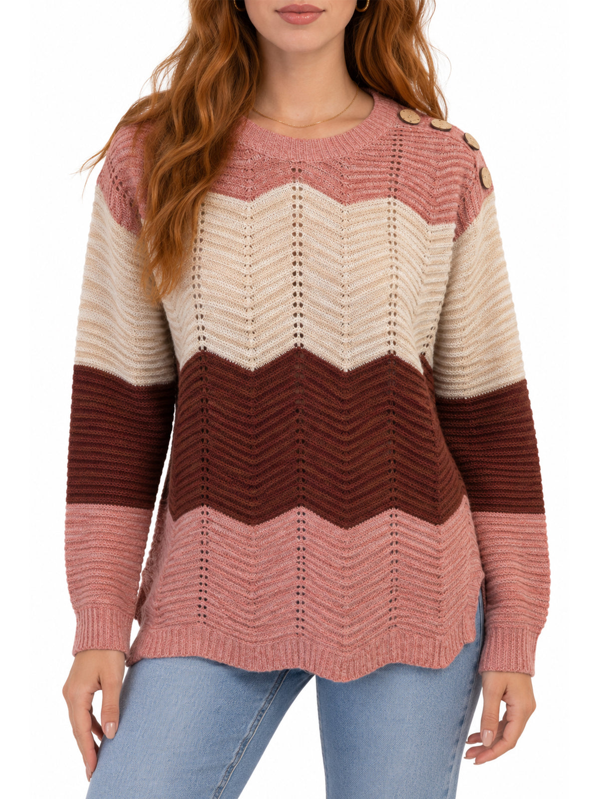Inner Circle Chevron Drop Shoulder Sweater with Shoulder Buttons – Pink