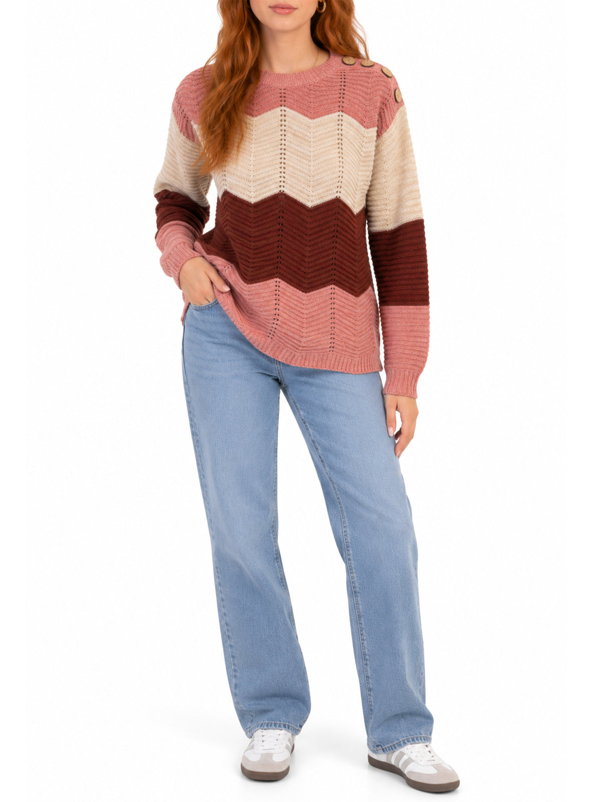 Inner Circle Chevron Drop Shoulder Sweater with Shoulder Buttons – Pink