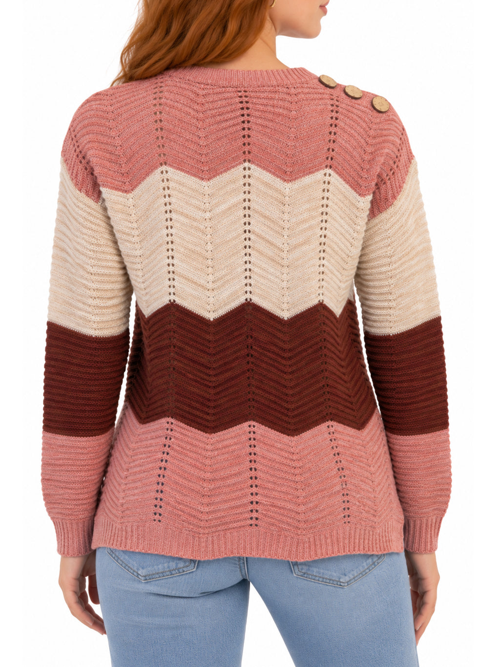 Inner Circle Chevron Drop Shoulder Sweater with Shoulder Buttons – Pink