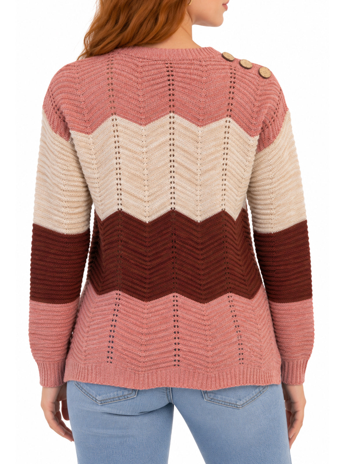 Inner Circle Chevron Drop Shoulder Sweater with Shoulder Buttons – Pink