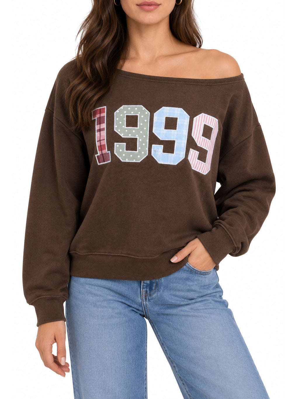 1999 Patchwork Applique Off-Shoulder Pullover Sweatshirt