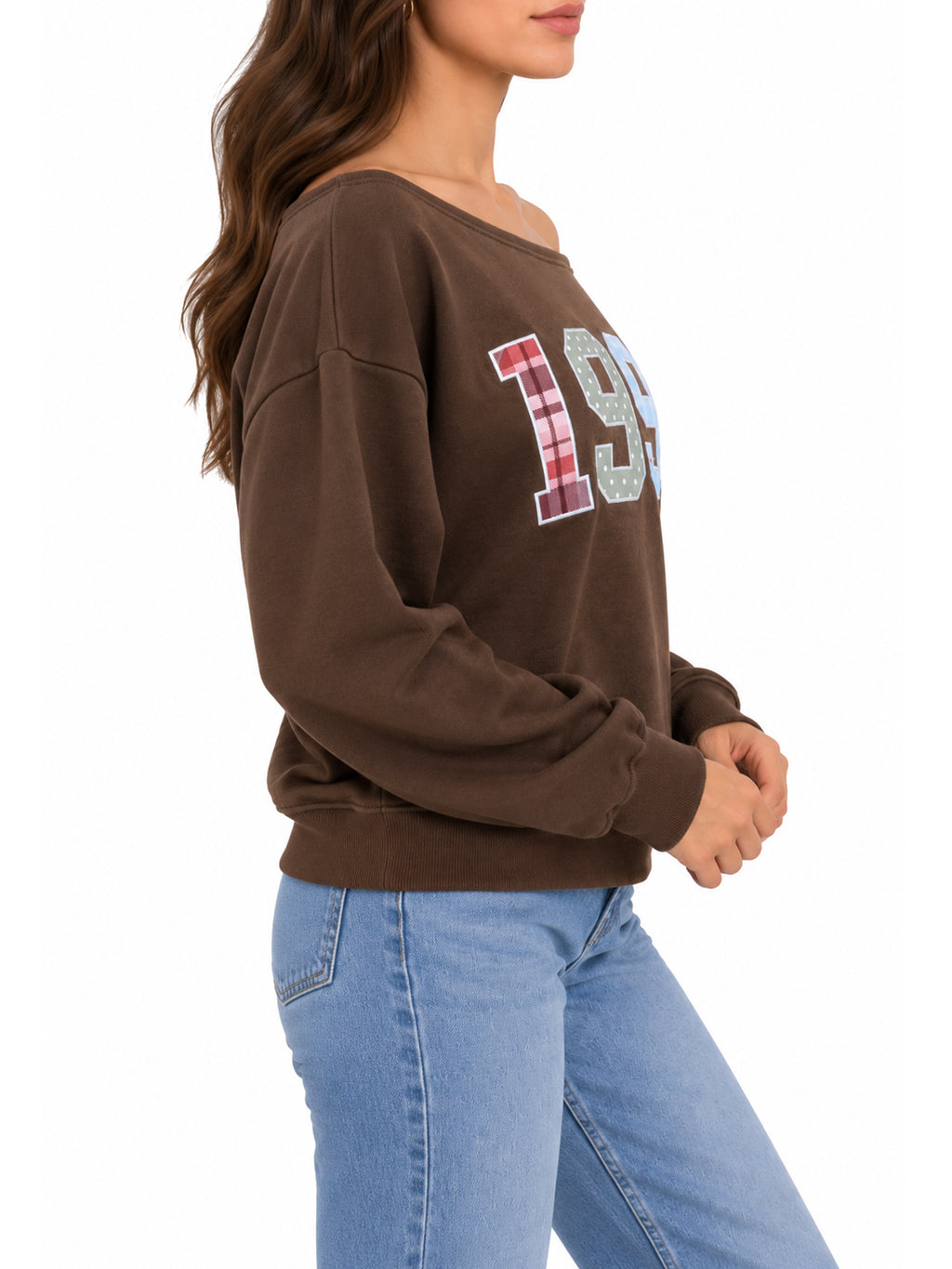 1999 Patchwork Applique Off-Shoulder Pullover Sweatshirt
