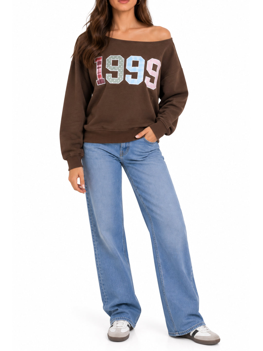 1999 Patchwork Applique Off-Shoulder Pullover Sweatshirt