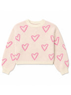 Girls Cream Heart Print Crew Neck Sweater