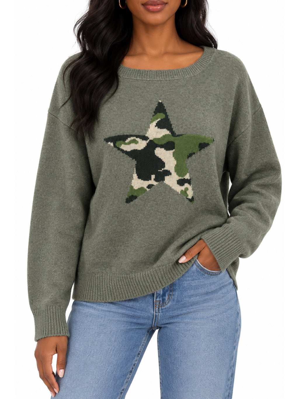 Graphic Camo Star Pullover Sweater – Oversized Fit