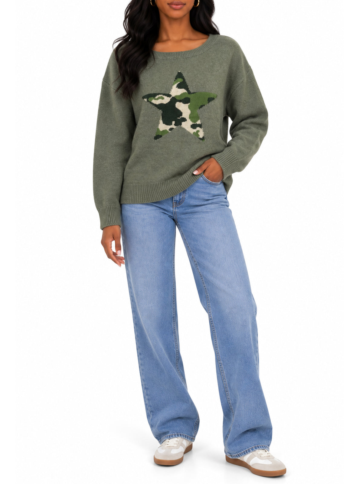 Graphic Camo Star Pullover Sweater – Oversized Fit