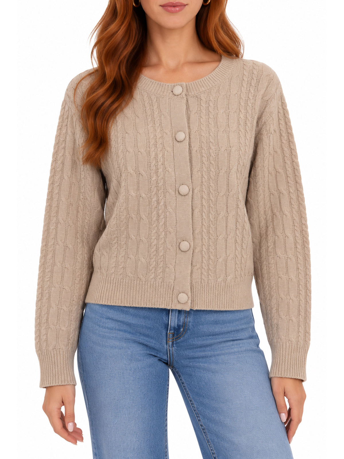 Crew Neck Cable Knit Button Cardigan Sweater