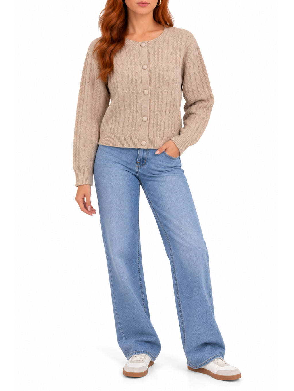 Crew Neck Cable Knit Button Cardigan Sweater