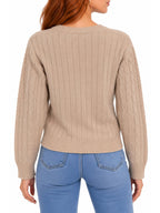 Crew Neck Cable Knit Button Cardigan Sweater - Label Shopper