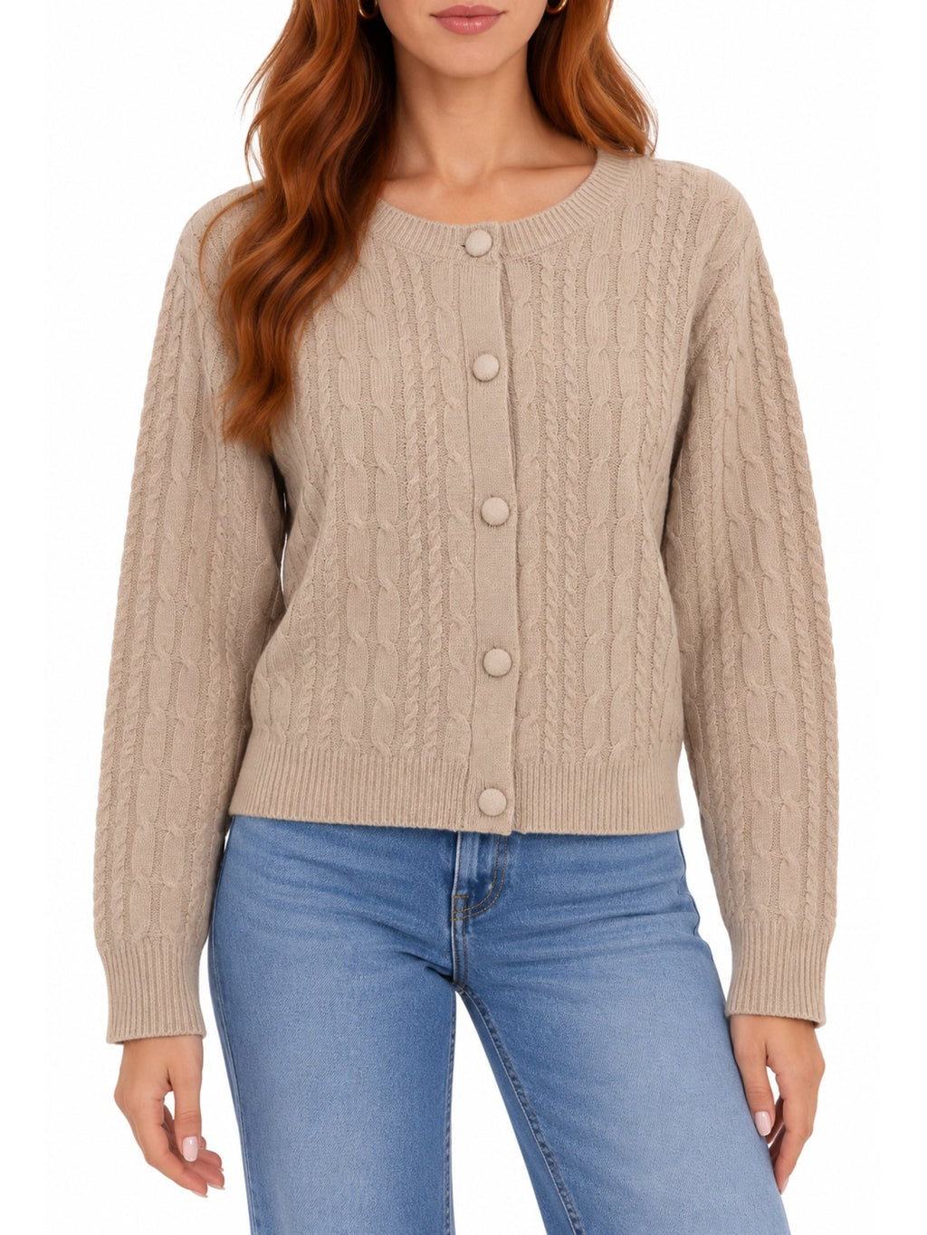 Crew Neck Cable Knit Button Cardigan Sweater - Label Shopper