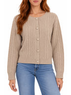 Crew Neck Cable Knit Button Cardigan Sweater - Label Shopper