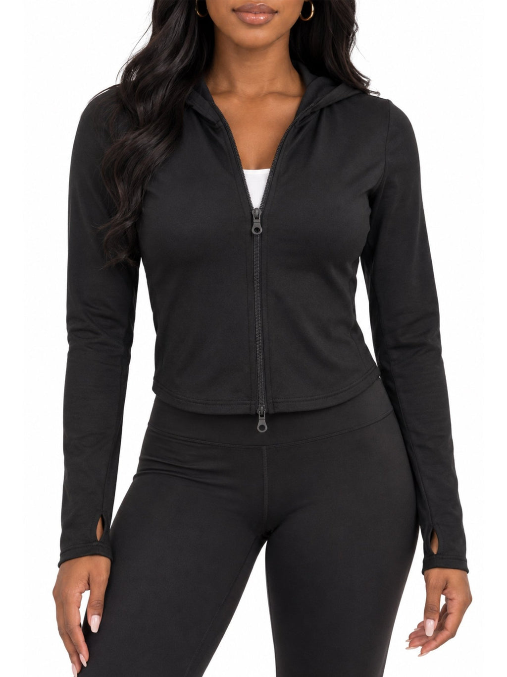 Fleece Lined Full Zip Hooded Jacket with Thumb Holes - Label Shopper