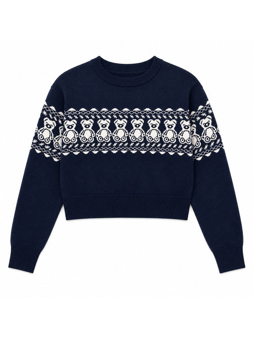 Girls Navy Bear Jacquard Pullover Sweater - Label Shopper