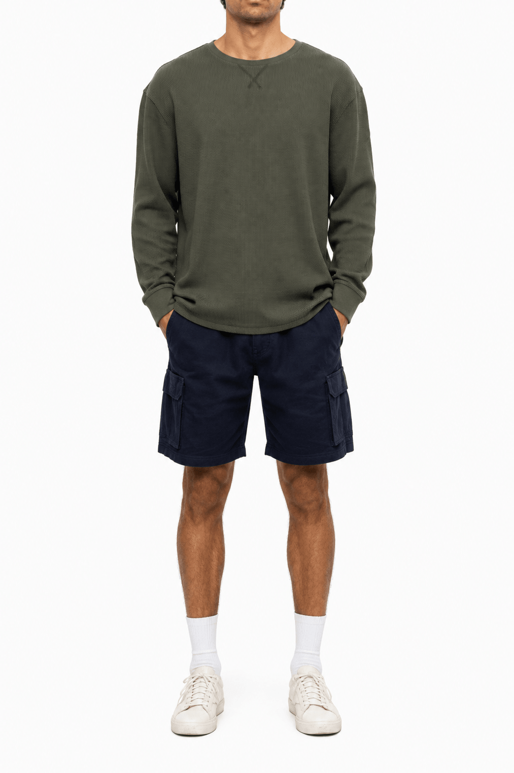 Green Waffle Knit Crew Neck Long Sleeve - Label Shopper