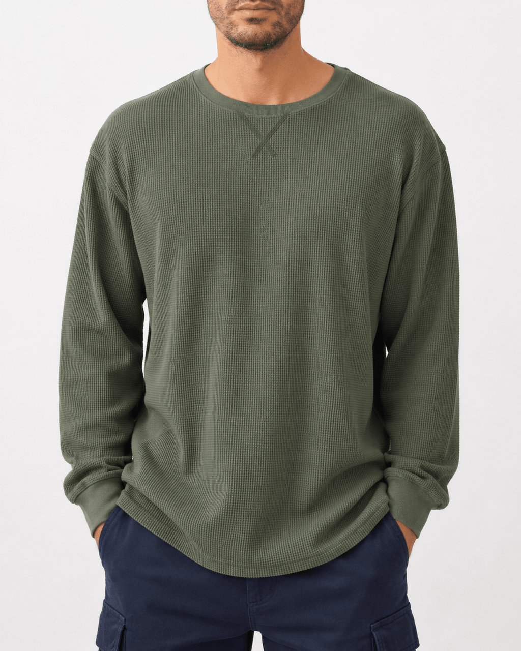 Green Waffle Knit Crew Neck Long Sleeve - Label Shopper