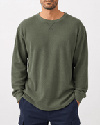 Green Waffle Knit Crew Neck Long Sleeve - Label Shopper