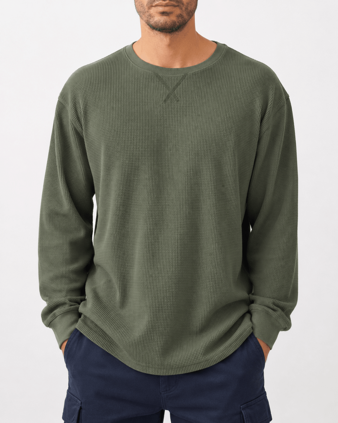 Green Waffle Knit Crew Neck Long Sleeve - Label Shopper