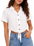 Juniors’ Button-Front Tie Hem Collared Top - Label Shopper