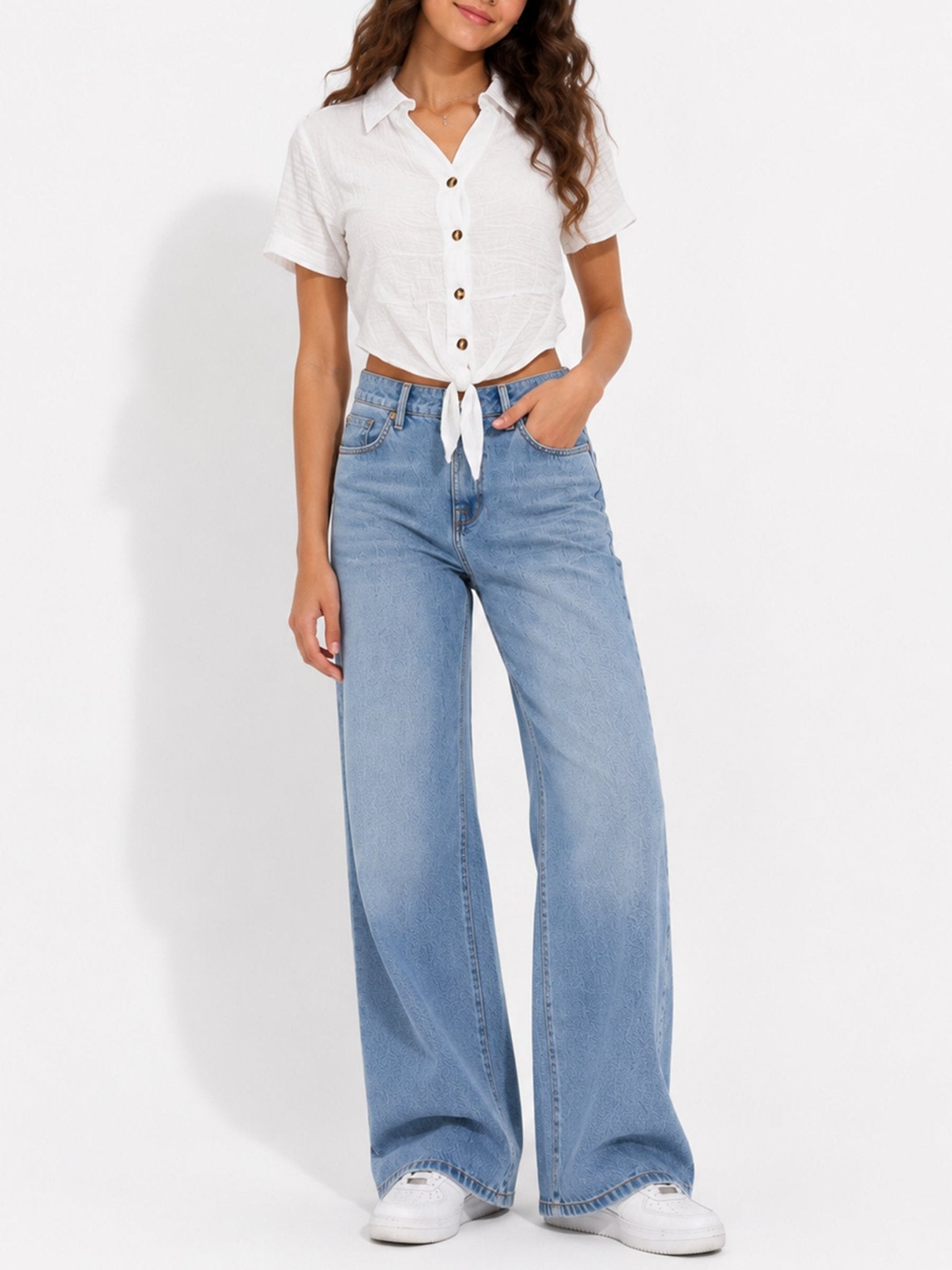 Juniors’ Button-Front Tie Hem Collared Top - Label Shopper