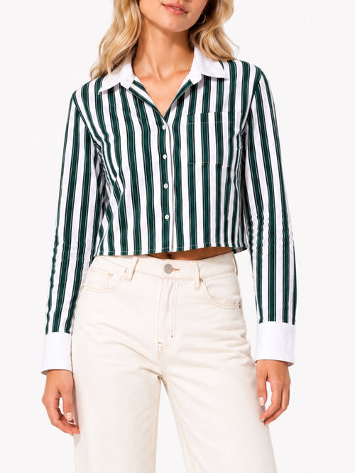 Juniors’ Cropped Stripe Button-Front Collared Blouse - Label Shopper