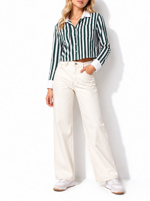 Juniors’ Cropped Stripe Button-Front Collared Blouse - Label Shopper