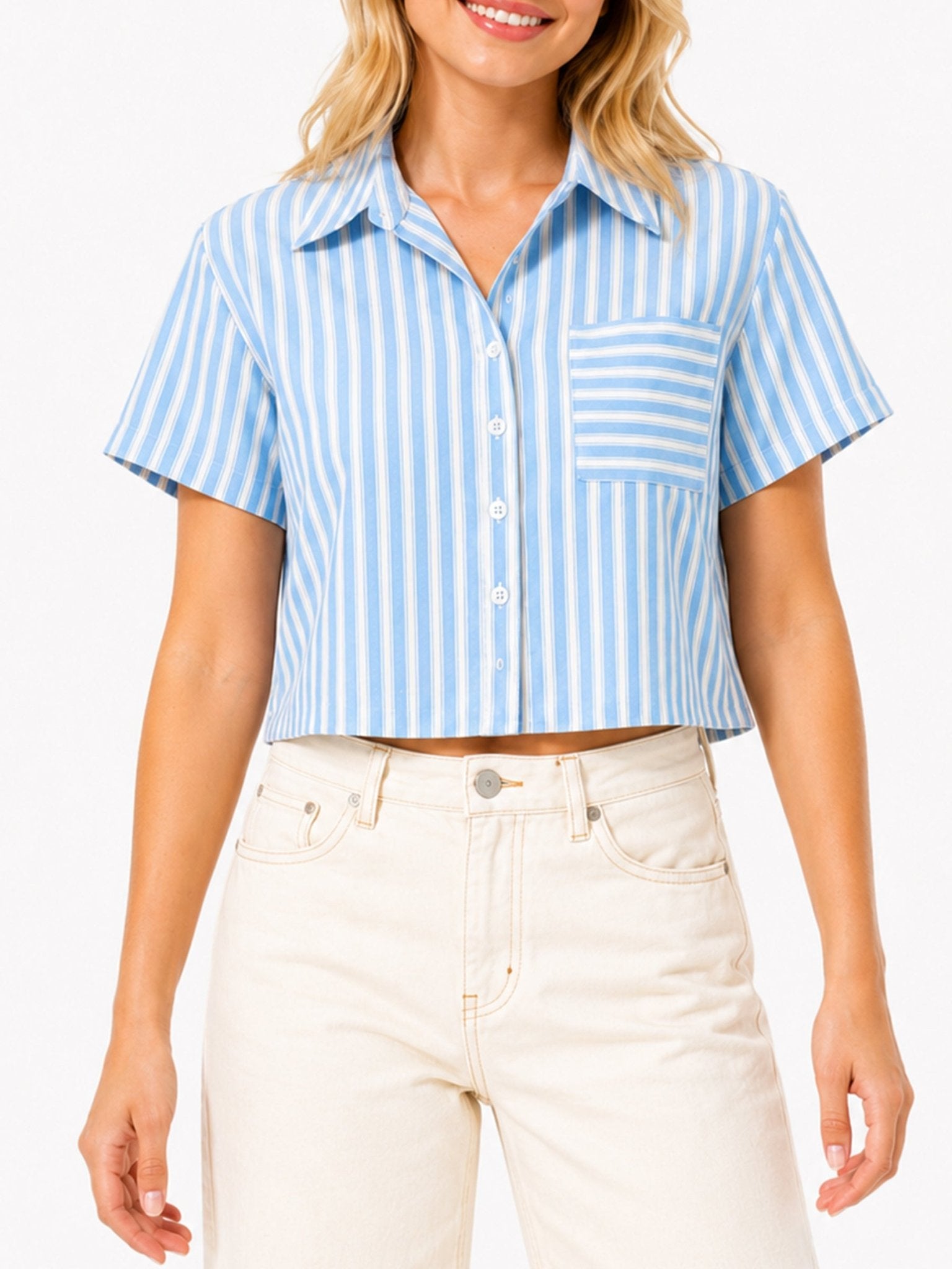 Juniors’ Cropped Stripe Button-Front Shirt - Label Shopper