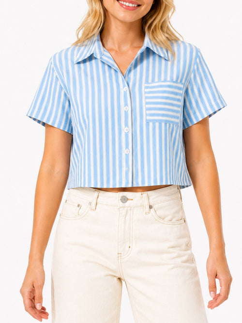 Juniors’ Cropped Stripe Button-Front Shirt - Label Shopper