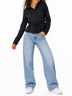 Juniors’ Drawstring Waist Button-Front Blouse - Label Shopper