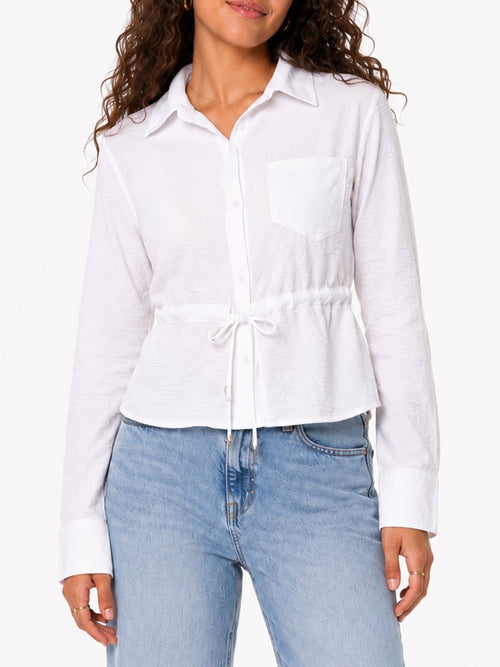 Juniors’ Drawstring Waist Button-Front Blouse - Label Shopper
