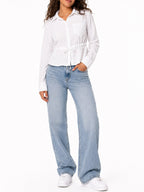 Juniors’ Drawstring Waist Button-Front Blouse - Label Shopper