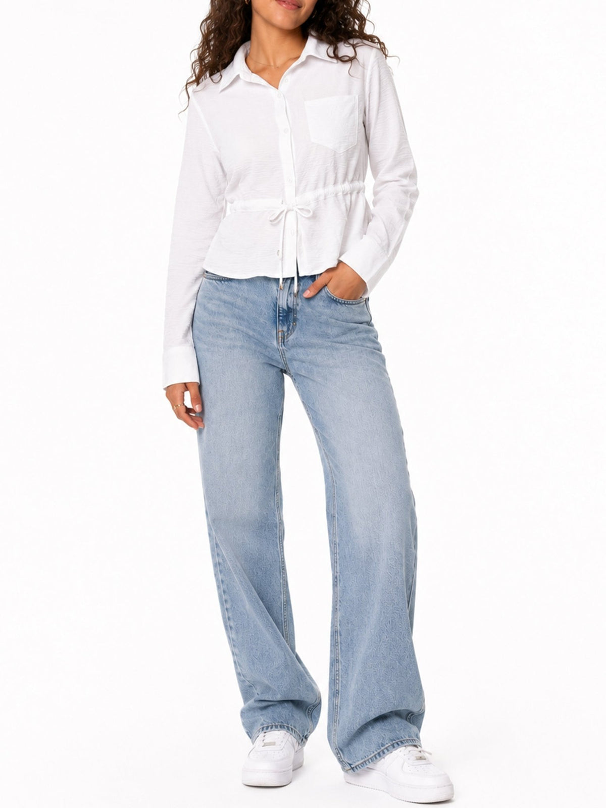 Juniors’ Drawstring Waist Button-Front Blouse - Label Shopper