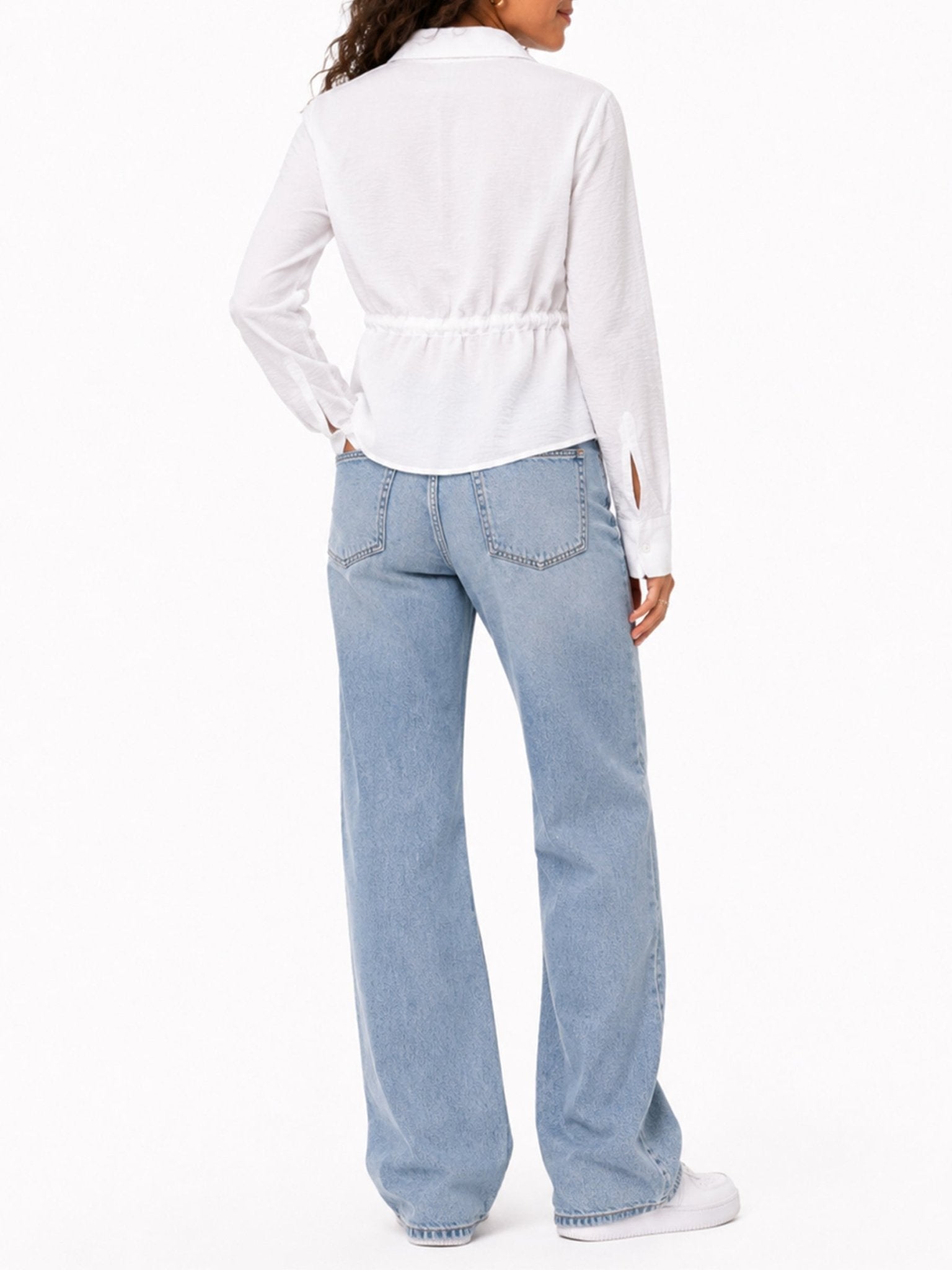 Juniors’ Drawstring Waist Button-Front Blouse - Label Shopper