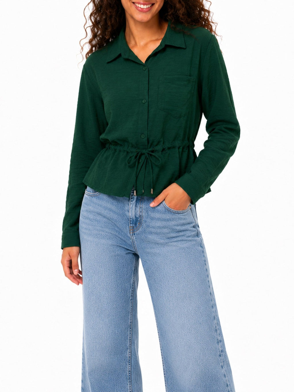 Juniors’ Drawstring Waist Button-Front Blouse - Label Shopper