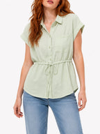 Juniors’ Drawstring Waist Cap Sleeve Blouse - Label Shopper