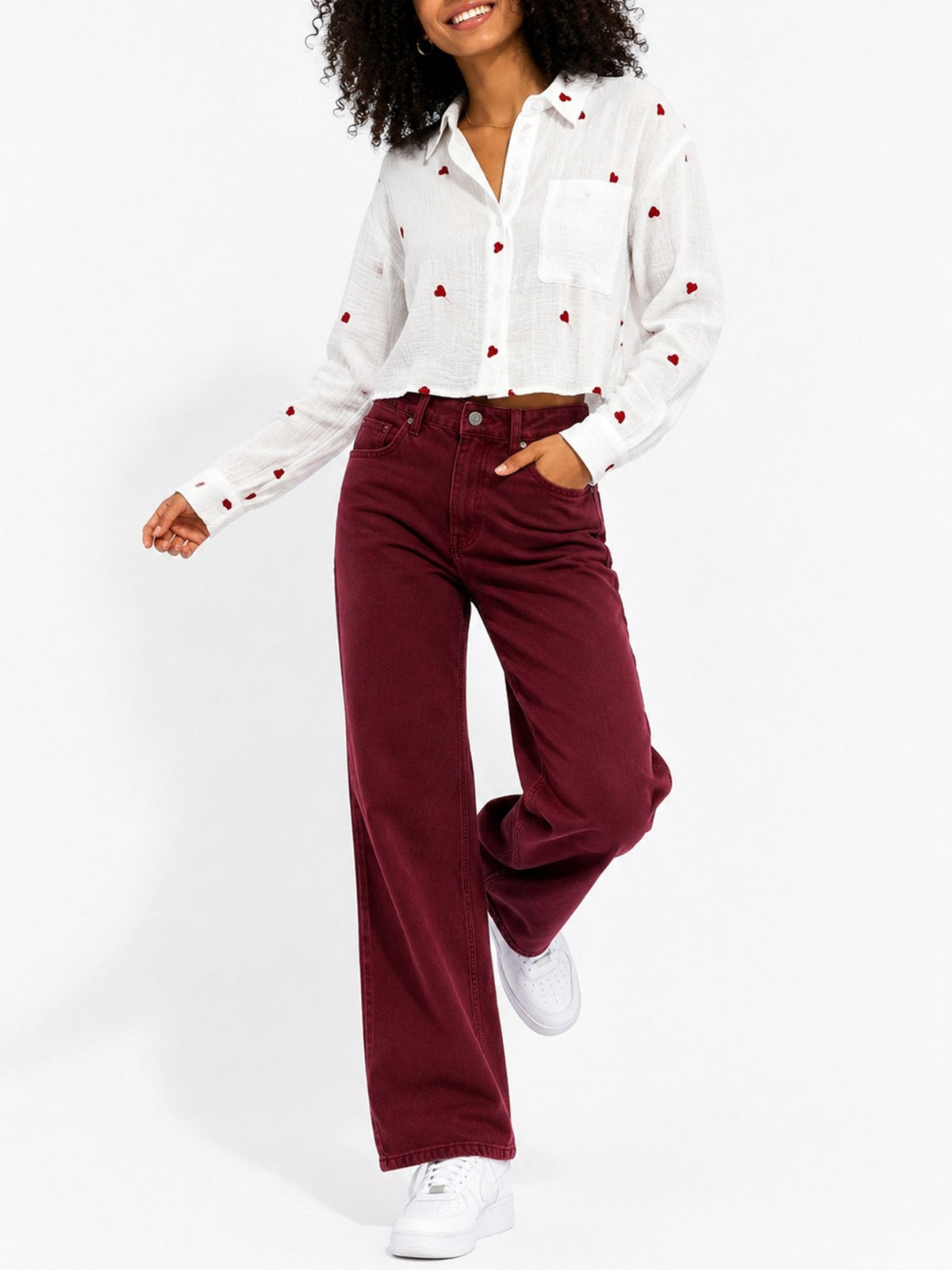 Juniors’ Heart Print Button-Front Blouse - Label Shopper
