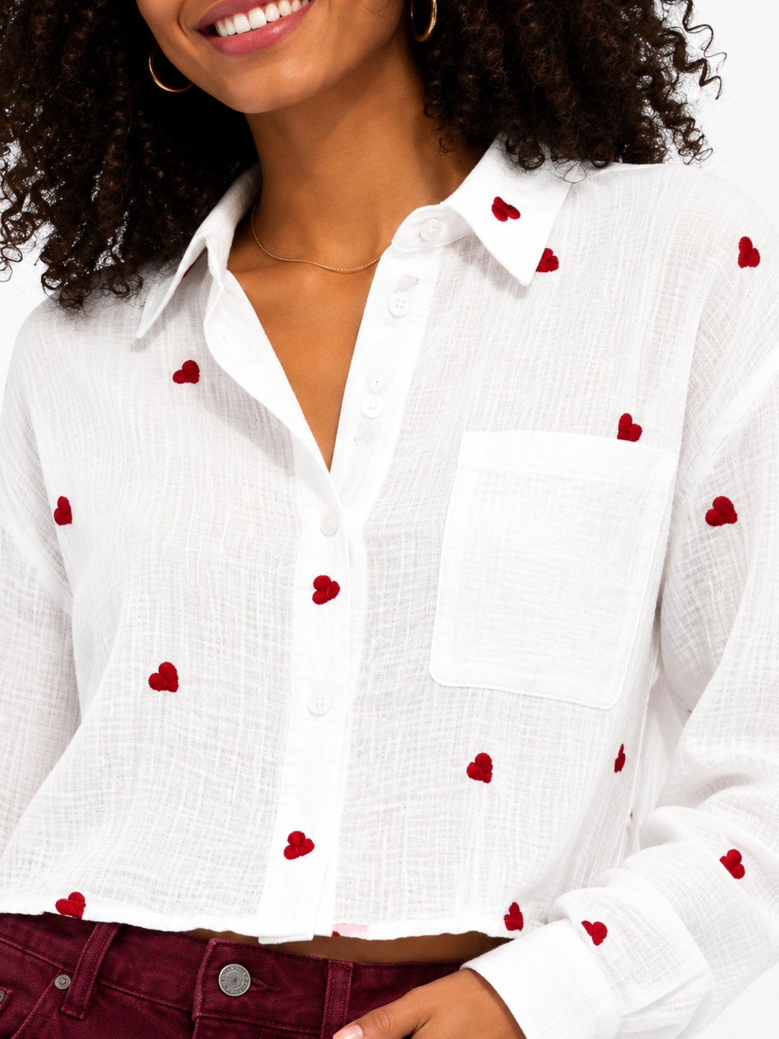 Juniors’ Heart Print Button-Front Blouse - Label Shopper