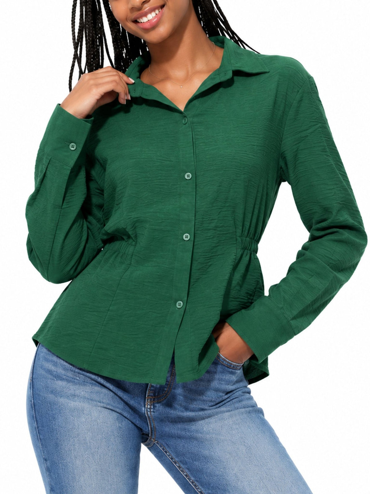 Juniors’ Ruched Waist Button-Front Blouse - Label Shopper