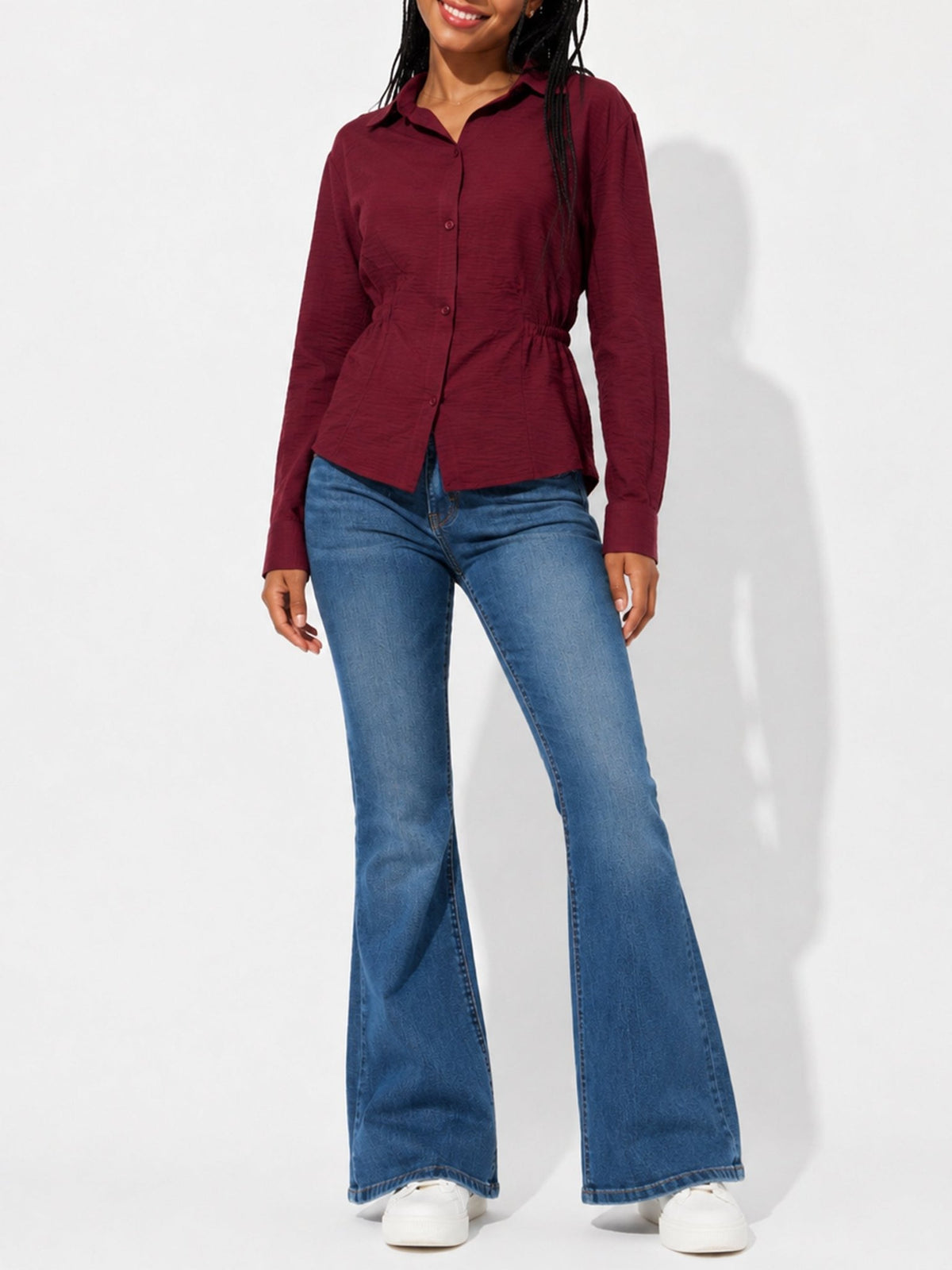Juniors’ Ruched Waist Button-Front Blouse - Label Shopper