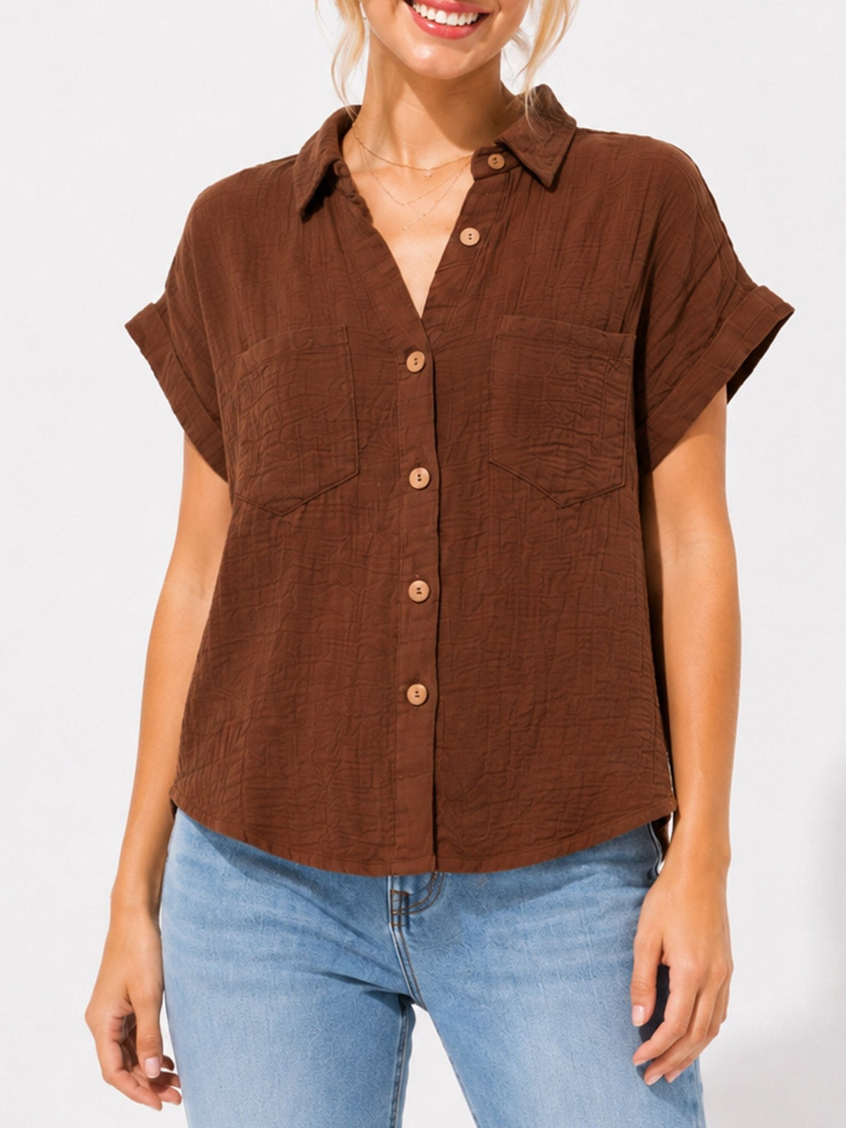Juniors’ Textured Button-Front Camp Shirt - Label Shopper