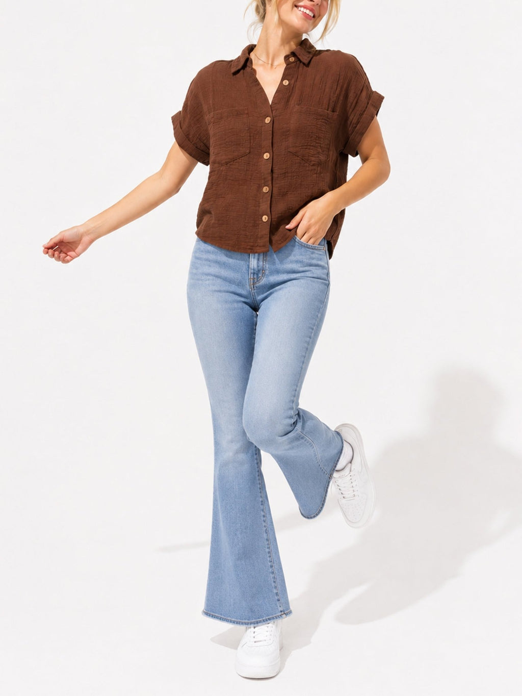 Juniors’ Textured Button-Front Camp Shirt - Label Shopper