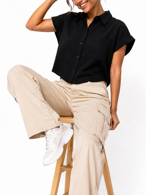 Juniors’ Textured Button-Front Cap Sleeve Shirt - Label Shopper