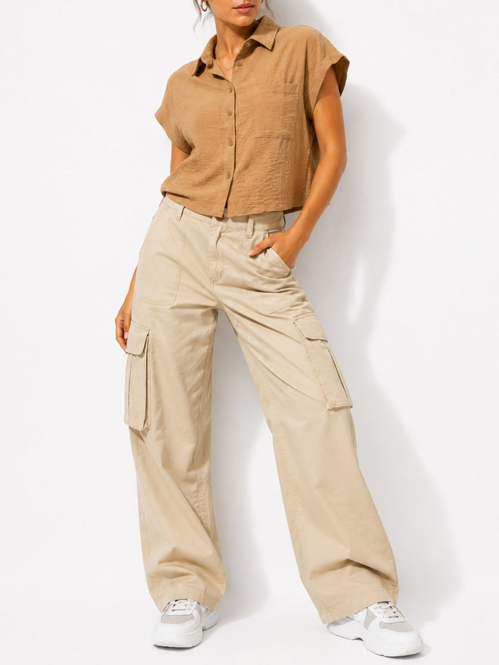 Juniors’ Textured Button-Front Cap Sleeve Shirt - Label Shopper