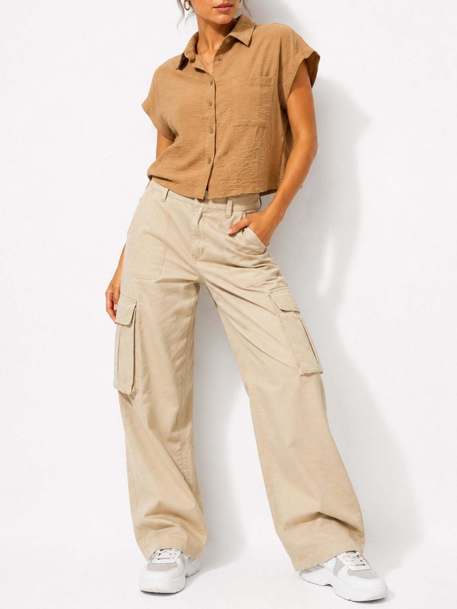 Juniors’ Textured Button-Front Cap Sleeve Shirt - Label Shopper